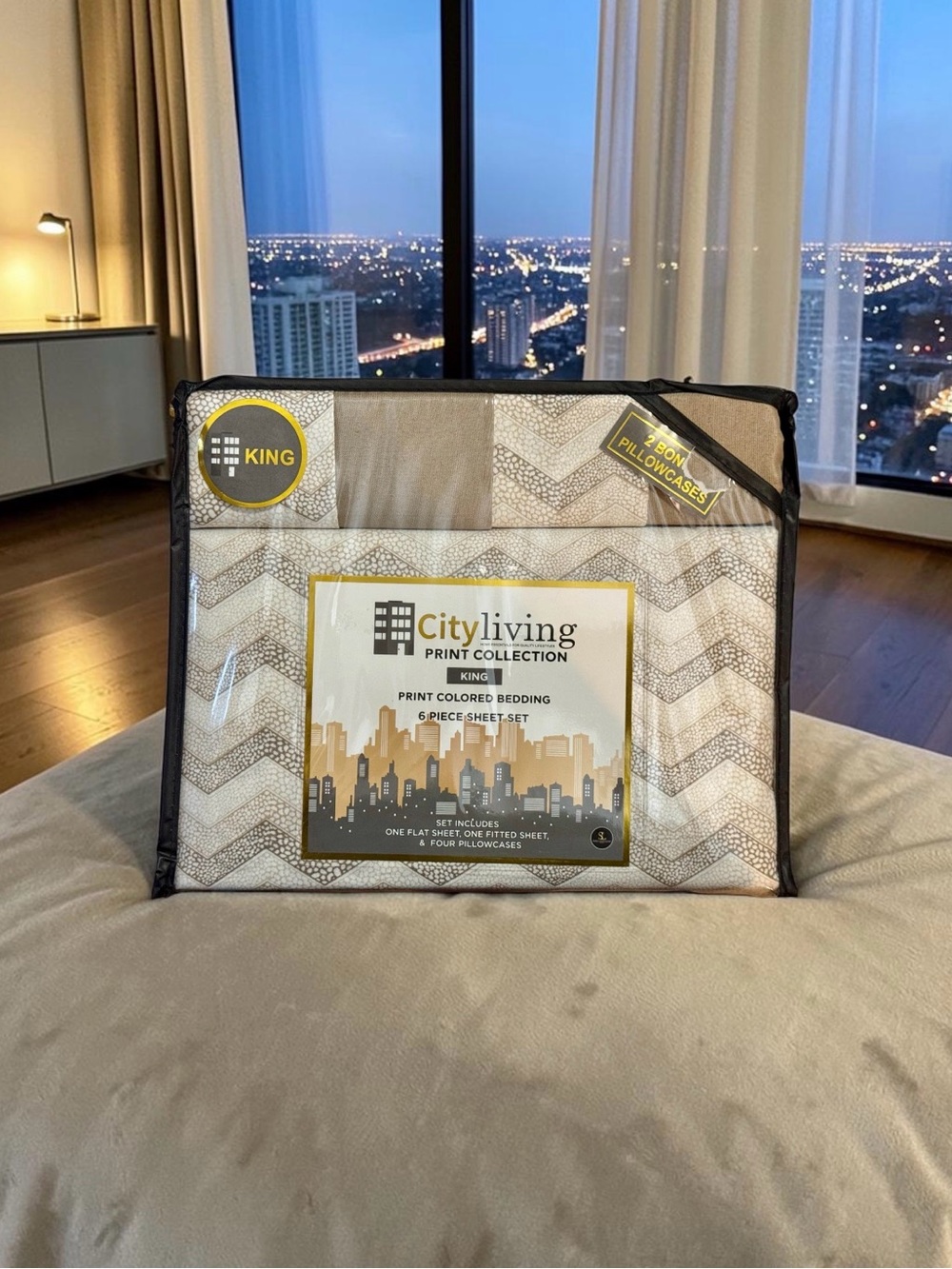 Cityliving King Print Bedding Set in Beige Chevron